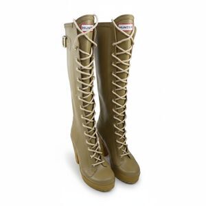 Vtg Women's US 5 / EU 36 Hunter Lapins High Heel Lace Up Rubber Rain Boots Tan